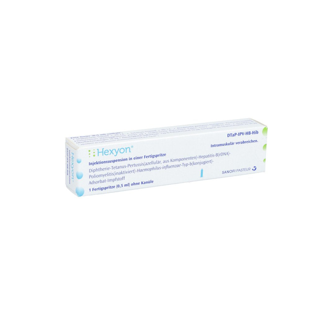 Das Produktfoto zeigt Hexyon Inj.-Susp.I.E.Fertigspr.O.Kanüle (0.5 ml) PZN 07121304