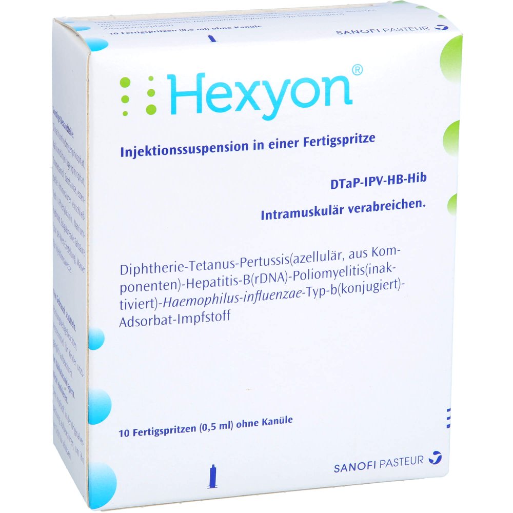 Das Produktfoto zeigt Hexyon Inj.-Susp.I.E.Fertigspr.O.Kanüle (10X0.5 ml) PZN 07121511