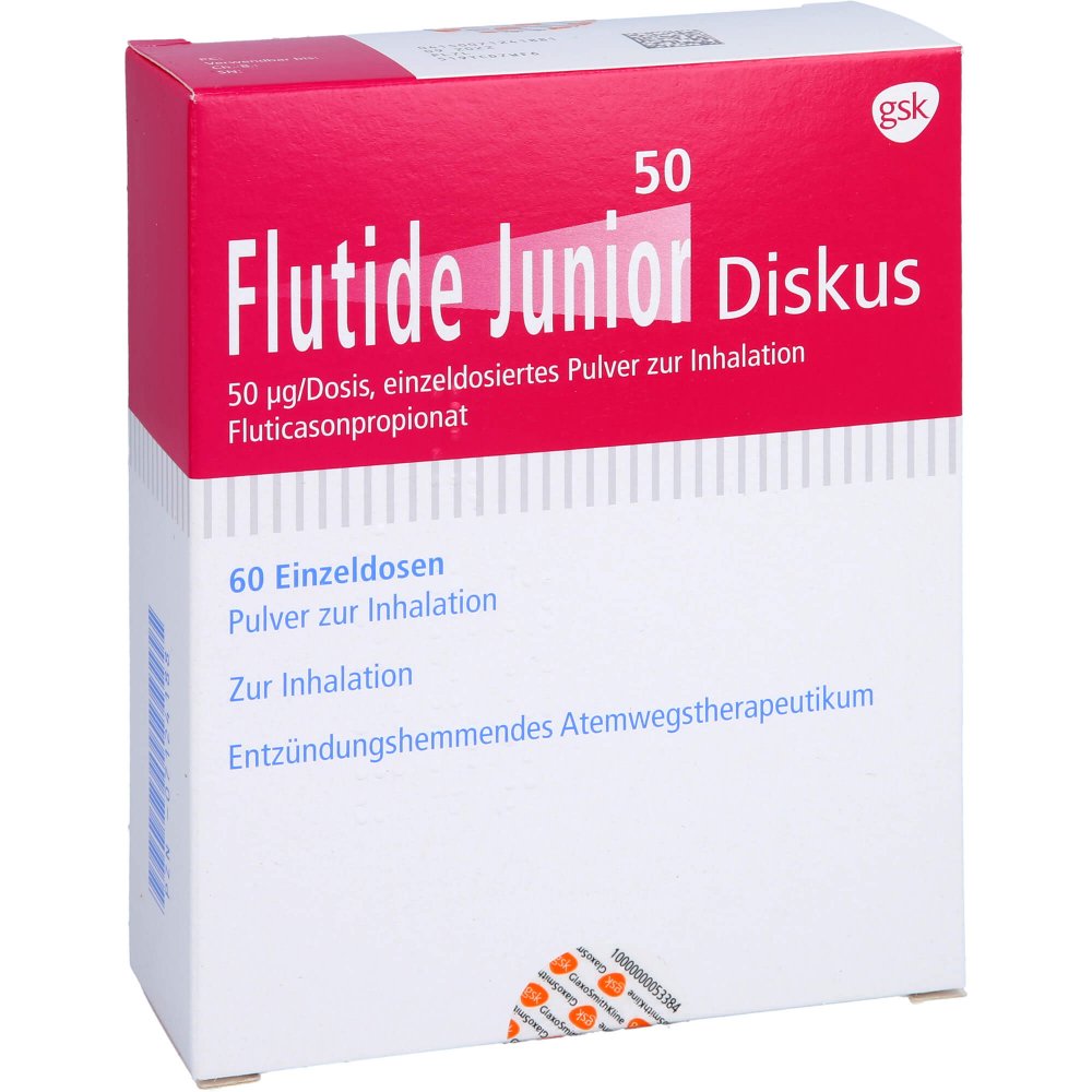 Das Produktfoto zeigt Flutide Junior 50 Diskus Einzeldos.Plv.Z.Inhalat. (60 stk) PZN 07124188