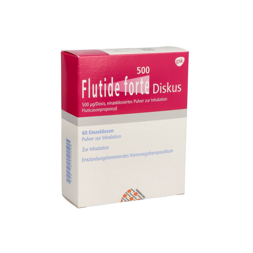 Das Produktfoto zeigt Flutide Forte 500 Diskus Einzeldos.Plv.Z.Inhalat. (60 stk) PZN 07124248
