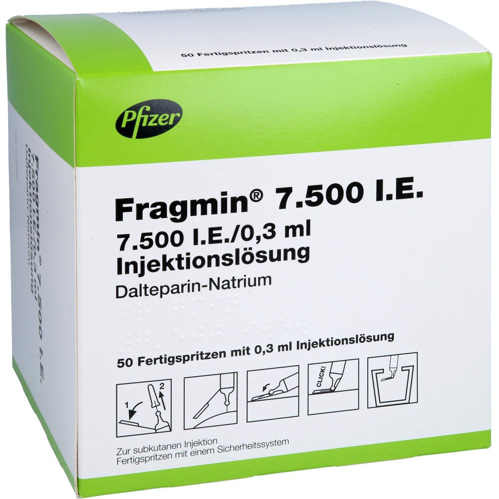 Das Produktfoto zeigt Fragmin 7.500 I.E. Inj.-Lsg.I.E.Fs.M.Sich-Sys. (50 stk) PZN 07127927