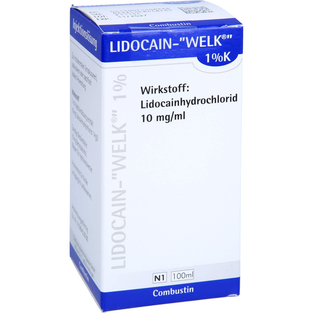 Das Produktfoto zeigt Lidocain Welk 1% K Injektionslösung Dsfl. (1X100 ml) PZN 07140833