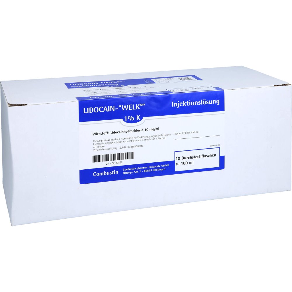 Das Produktfoto zeigt Lidocain Welk 1% K Injektionslösung Dsfl. (10X100 ml) PZN 07140862