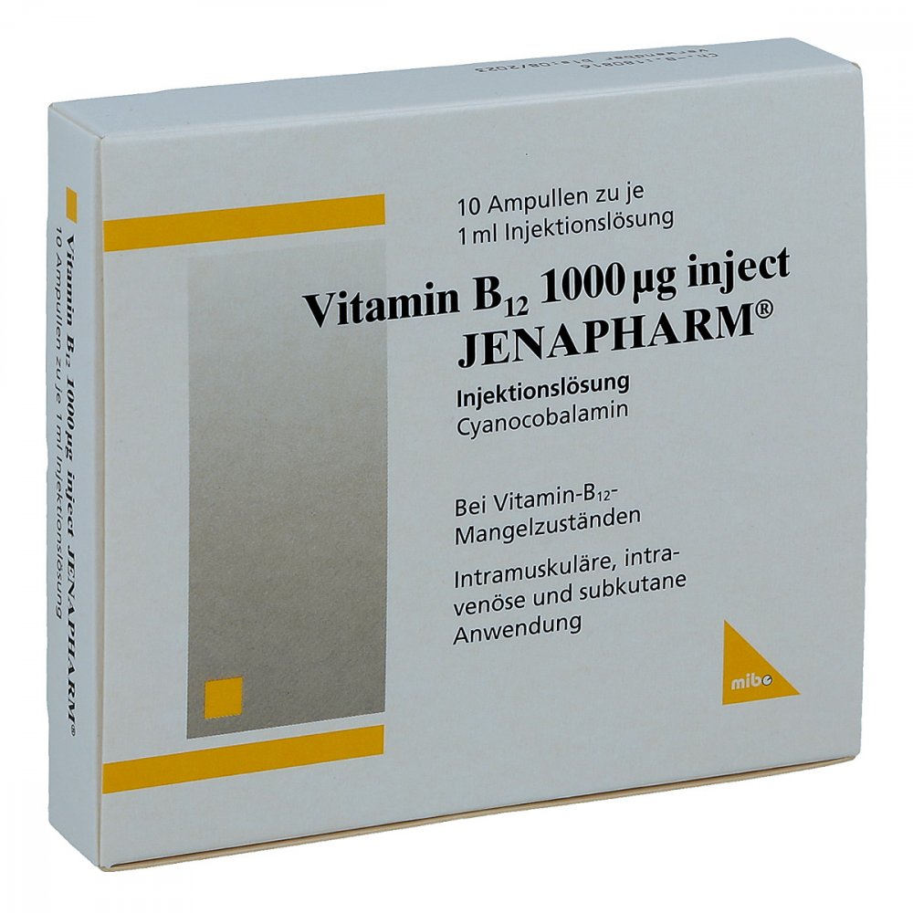 Das Produktfoto zeigt Vitamin B12 1000 Μg Inject Jenapharm Inj.-Lsg.Amp. (10X1 ml) PZN 07146994