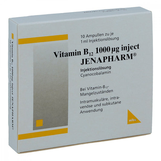 Das Produktfoto zeigt Vitamin B12 1000 Μg Inject Jenapharm Inj.-Lsg.Amp. (10X1 ml) PZN 07146994
