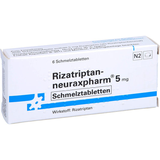 Das Produktfoto zeigt Rizatriptan-Neuraxpharm 5 Mg Schmelztabletten (6 stk) PZN 07149745