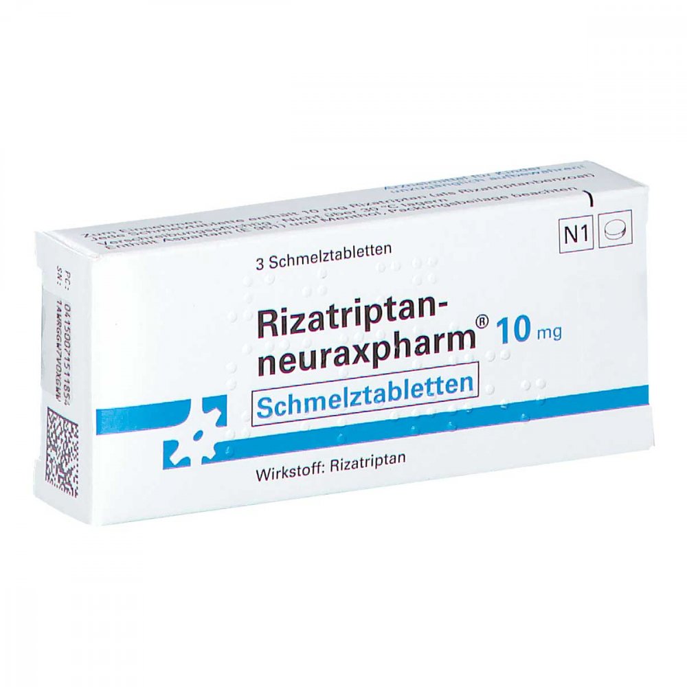 Das Produktfoto zeigt Rizatriptan-Neuraxpharm 10 Mg Schmelztabletten (3 stk) PZN 07151185