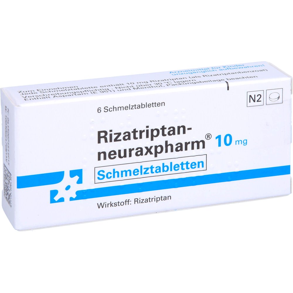 Das Produktfoto zeigt Rizatriptan-Neuraxpharm 10 Mg Schmelztabletten (6 stk) PZN 07151191