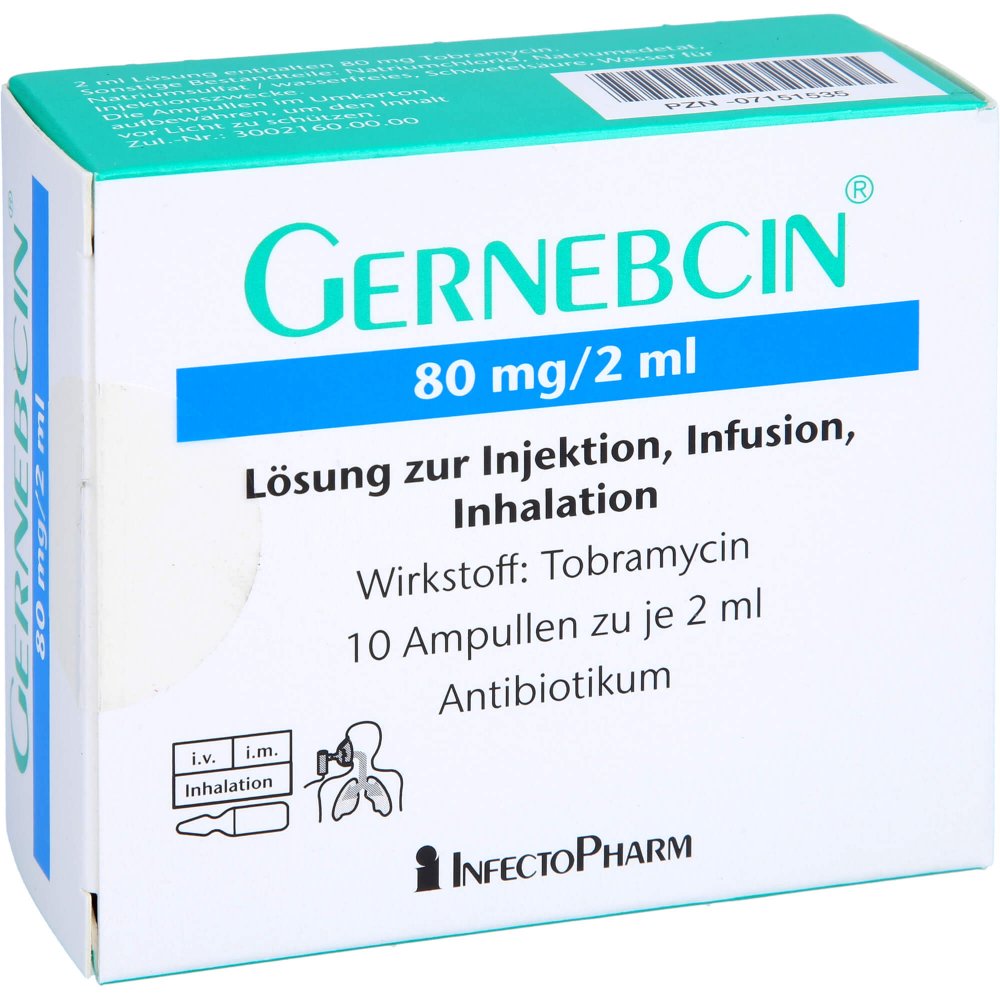 Das Produktfoto zeigt Gernebcin 80 Mg/2 Ml Lsg.Z.Inj./Inf./Inhalation (10X2 ml) PZN 07151535