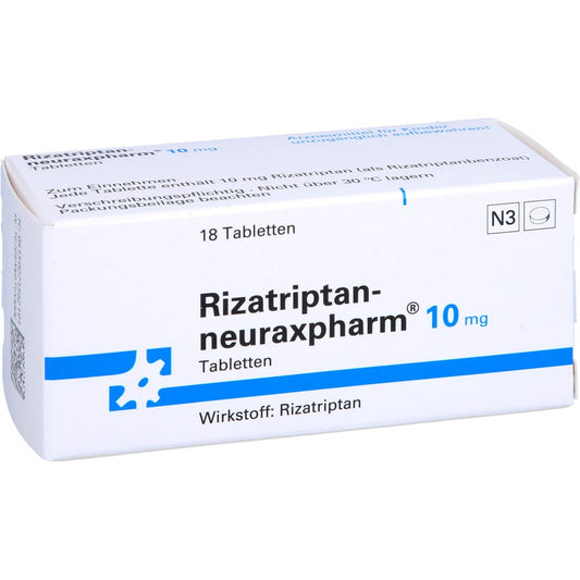 Das Produktfoto zeigt Rizatriptan-Neuraxpharm 10 Mg Tabletten (18 stk) PZN 07156219