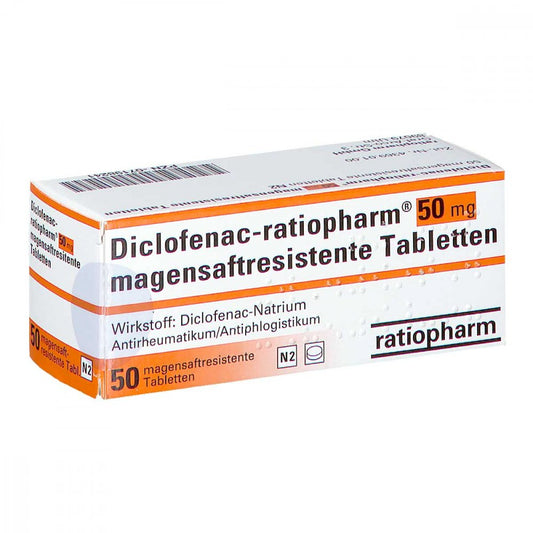 Das Produktfoto zeigt Diclofenac-Ratiopharm 50 Mg Magensaftres.Tabl. (50 stk) PZN 07198241