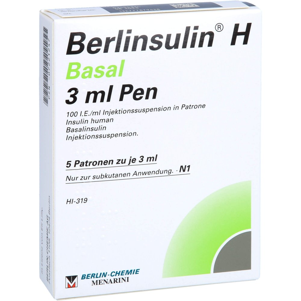 Das Produktfoto zeigt Berlinsulin H Basal Pen Injektionssuspension (5X3 ml) PZN 07221247