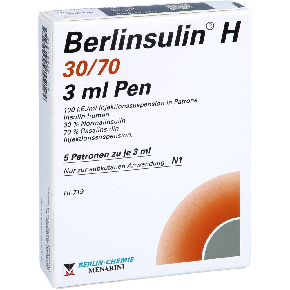 Das Produktfoto zeigt Berlinsulin H 30/70 Pen Injektionssuspension (5X3 ml) PZN 07221313