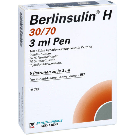 Das Produktfoto zeigt Berlinsulin H 30/70 Pen Injektionssuspension (5X3 ml) PZN 07221313