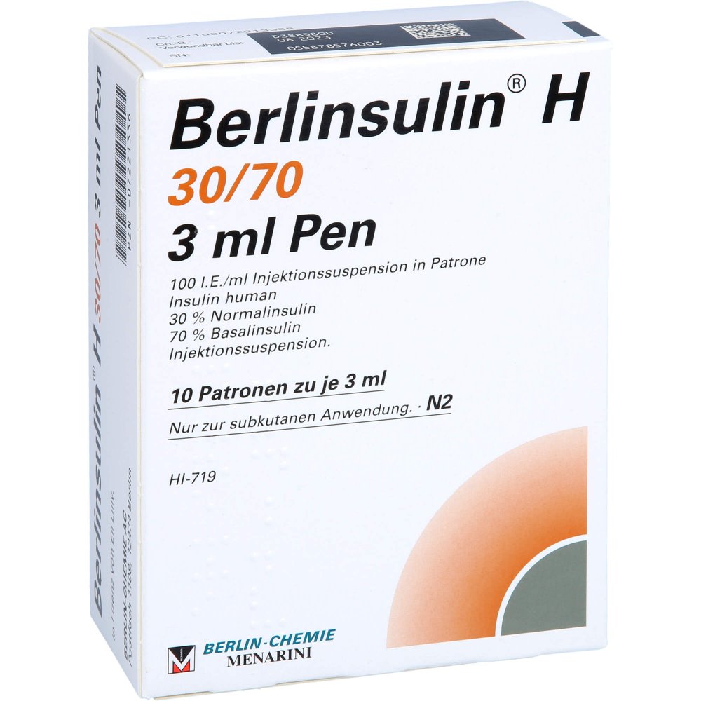 Das Produktfoto zeigt Berlinsulin H 30/70 Pen Injektionssuspension (10X3 ml) PZN 07221336