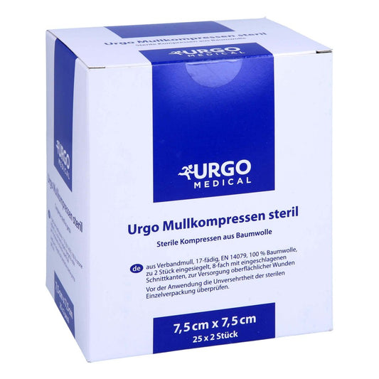 Das Produktfoto zeigt Urgo Mullkompressen 7,5x7,5 Cm Steril (25X2 stk) PZN 07237857