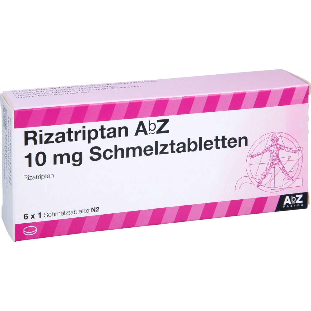 Das Produktfoto zeigt Rizatriptan Abz 10 Mg Schmelztabletten (6 stk) PZN 07245414