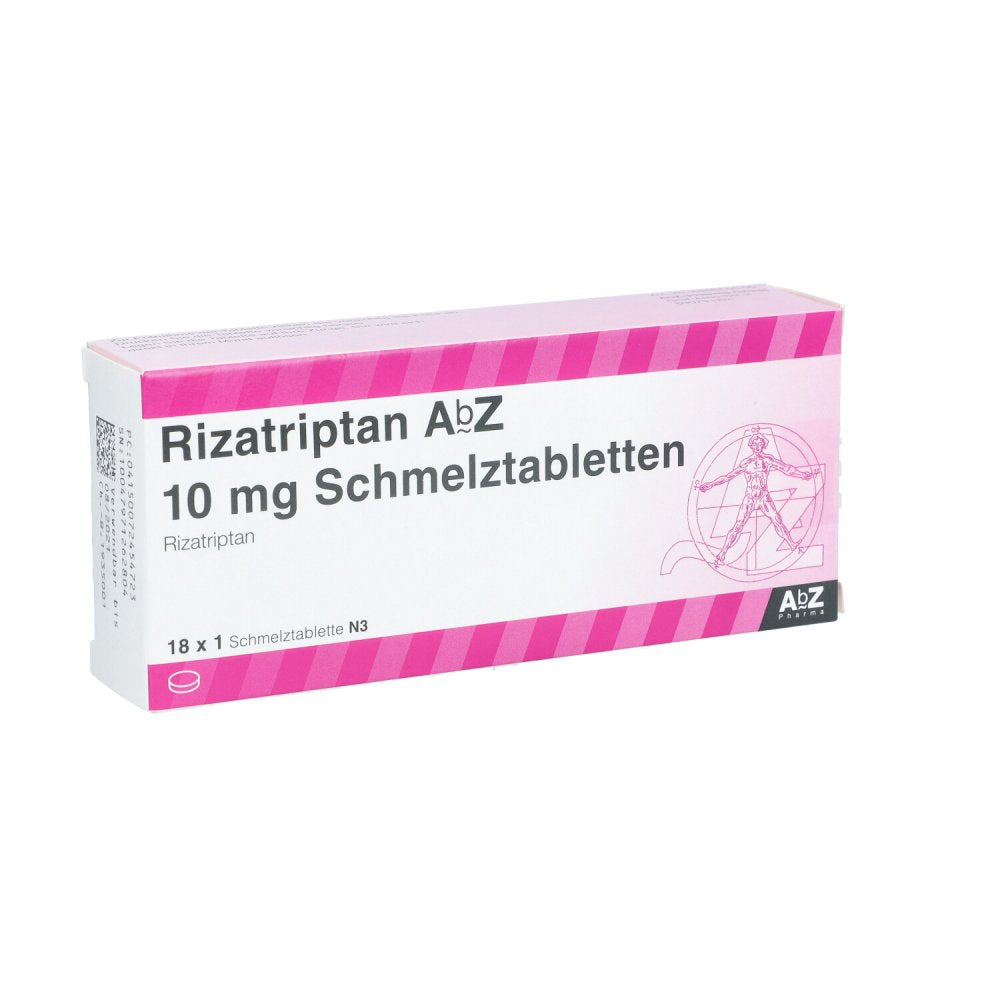 Das Produktfoto zeigt Rizatriptan Abz 10 Mg Schmelztabletten (18 stk) PZN 07245472