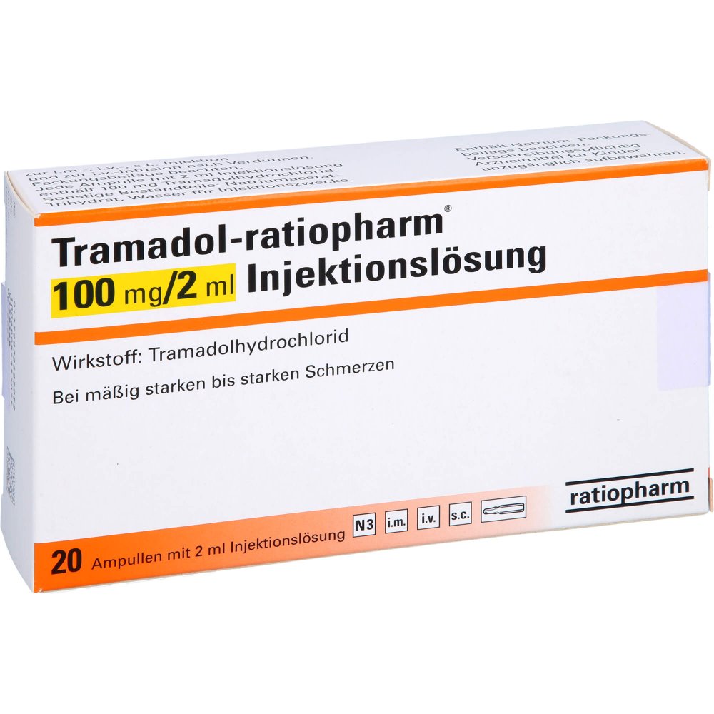 Das Produktfoto zeigt Tramadol-Ratiopharm 100 Mg/2 Ml Injektionslsg.Amp. (20 stk) PZN 07260595