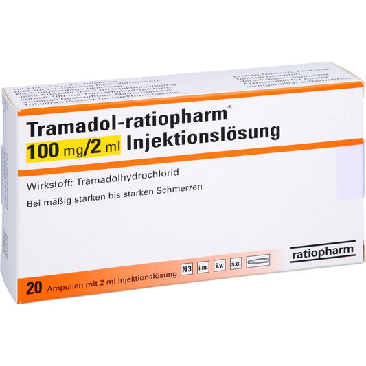 Das Produktfoto zeigt Tramadol-Ratiopharm 100 Mg/2 Ml Injektionslsg.Amp. (20 stk) PZN 07260595