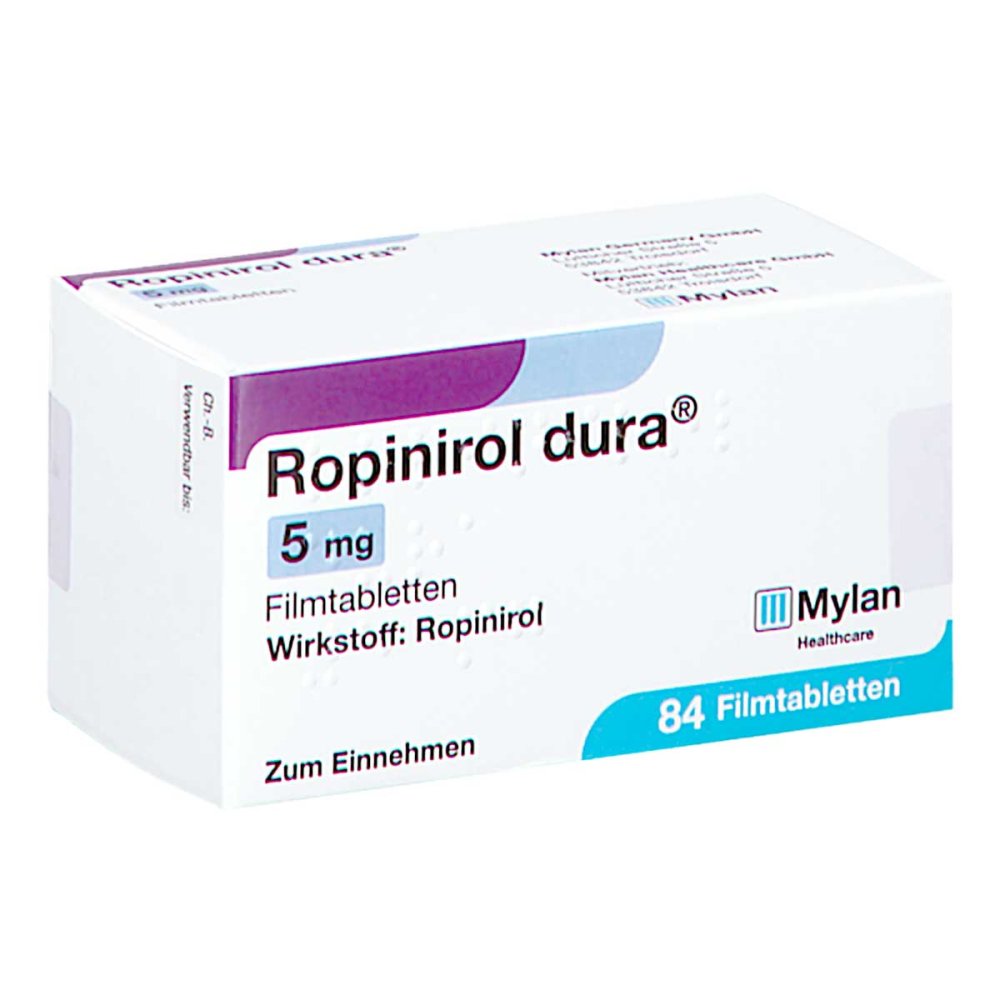 Das Produktfoto zeigt Ropinirol Dura 5 Mg Filmtabletten (84 stk) PZN 07261169