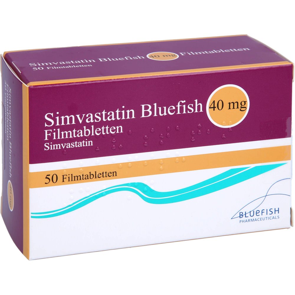 Das Produktfoto zeigt Simvastatin Bluefish 40 Mg Filmtabletten (50 stk) PZN 07276805