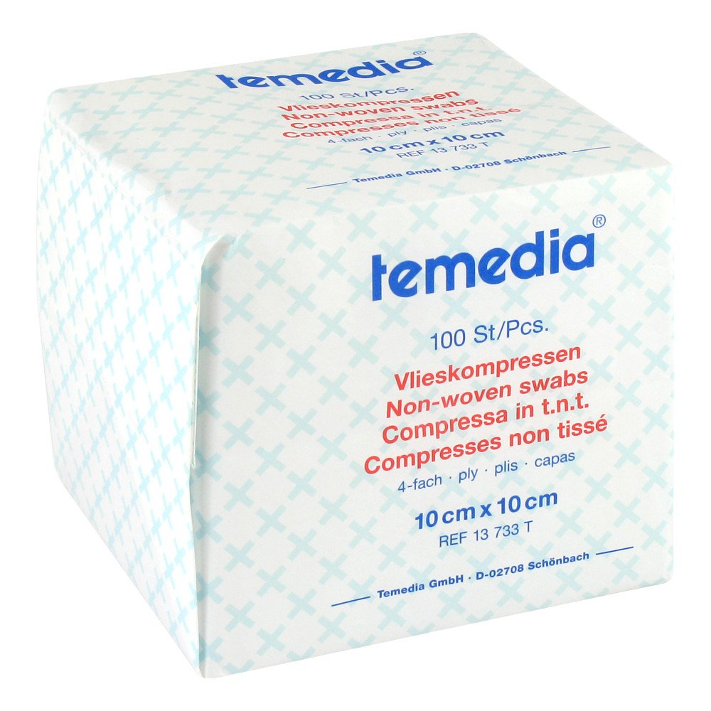Das Produktfoto zeigt Vlieskompressen Unsteril 10x10 Cm 4fach (100 stk) PZN 07280735