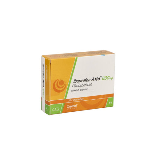 Das Produktfoto zeigt Ibuprofen Atid 600 Mg Filmtabletten (20 stk) PZN 07296587