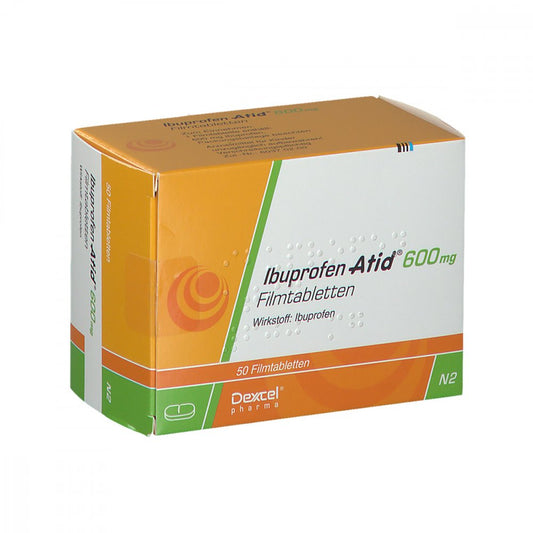 Das Produktfoto zeigt Ibuprofen Atid 600 Mg Filmtabletten (50 stk) PZN 07296593