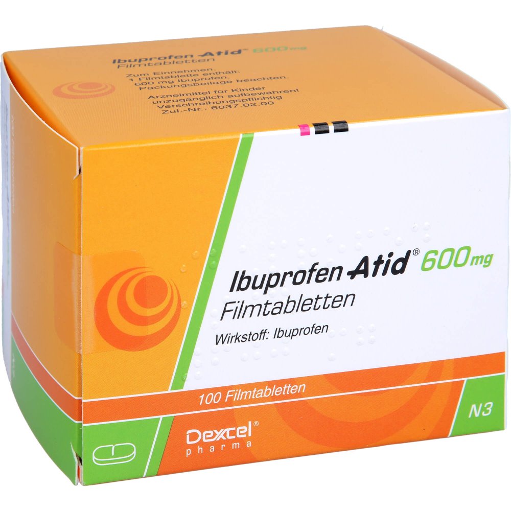 Das Produktfoto zeigt Ibuprofen Atid 600 Mg Filmtabletten (100 stk) PZN 07296601