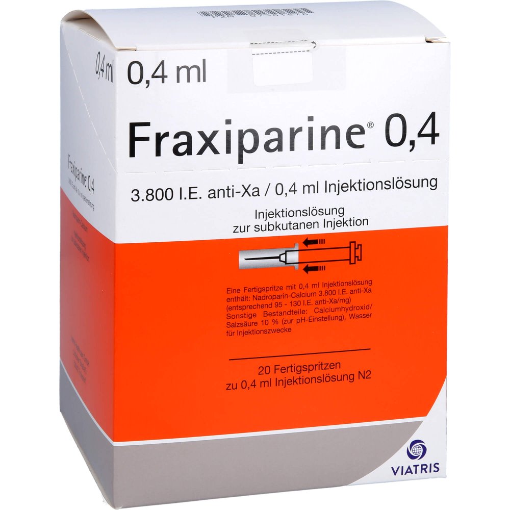 Das Produktfoto zeigt Fraxiparine 0,4 Ml Injektionslösung I.E.Fertigspr. (20X0.4 ml) PZN 07301578