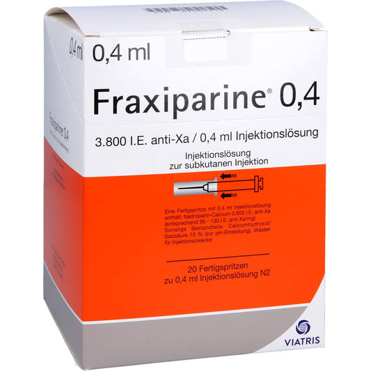 Das Produktfoto zeigt Fraxiparine 0,4 Ml Injektionslösung I.E.Fertigspr. (20X0.4 ml) PZN 07301578