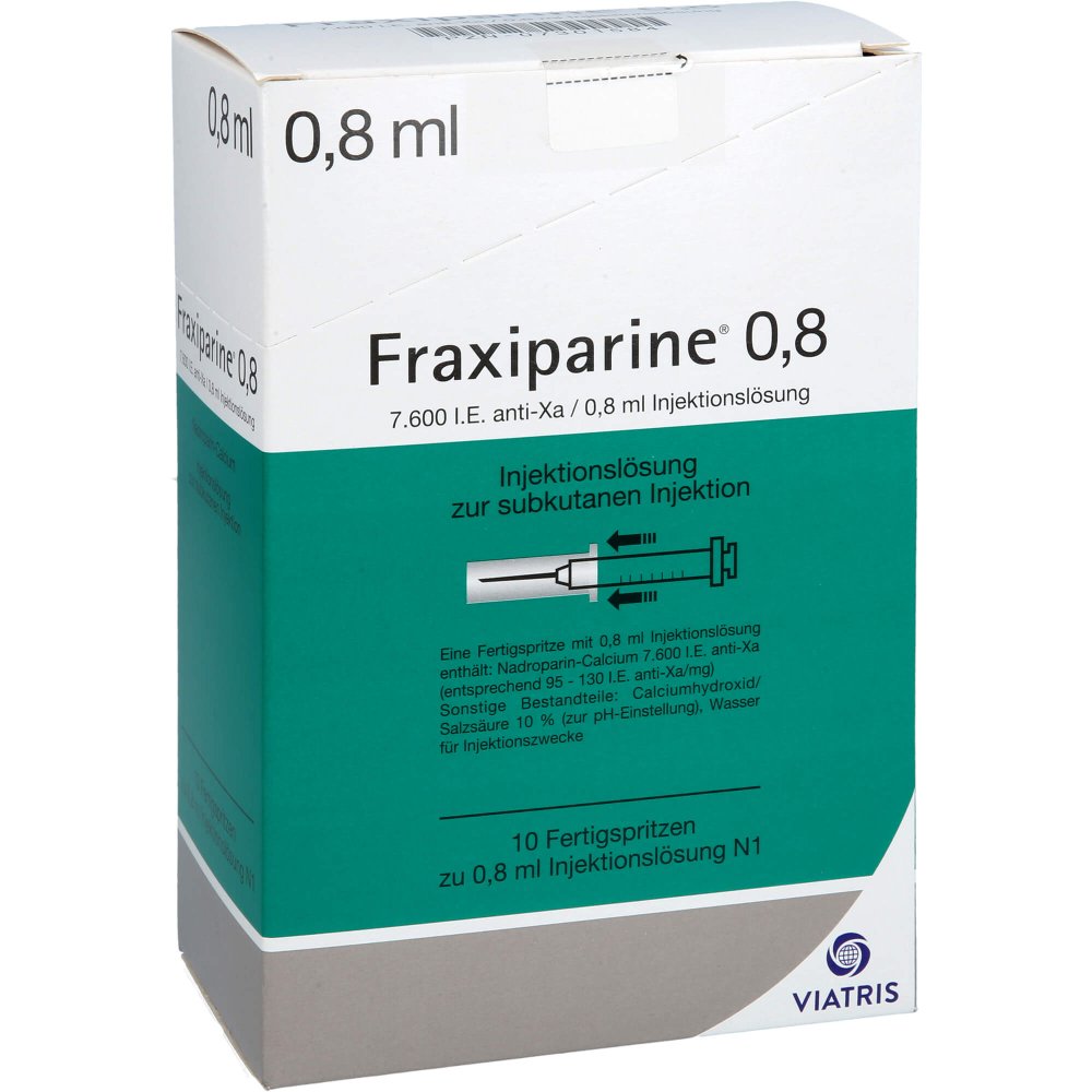 Das Produktfoto zeigt Fraxiparine 0,8 Ml Injektionslösung I.E.Fertigspr. (10X0.8 ml) PZN 07301584
