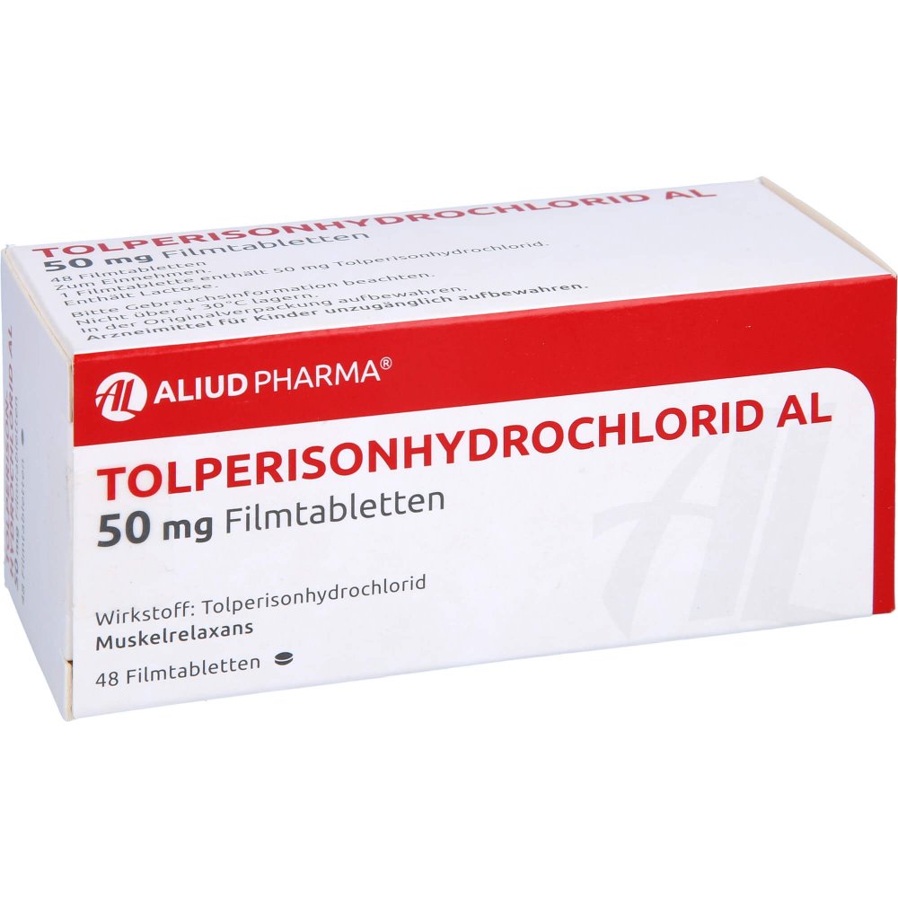 Das Produktfoto zeigt Tolperisonhydrochlorid Al 50 Mg Filmtabletten (48 stk) PZN 07314167
