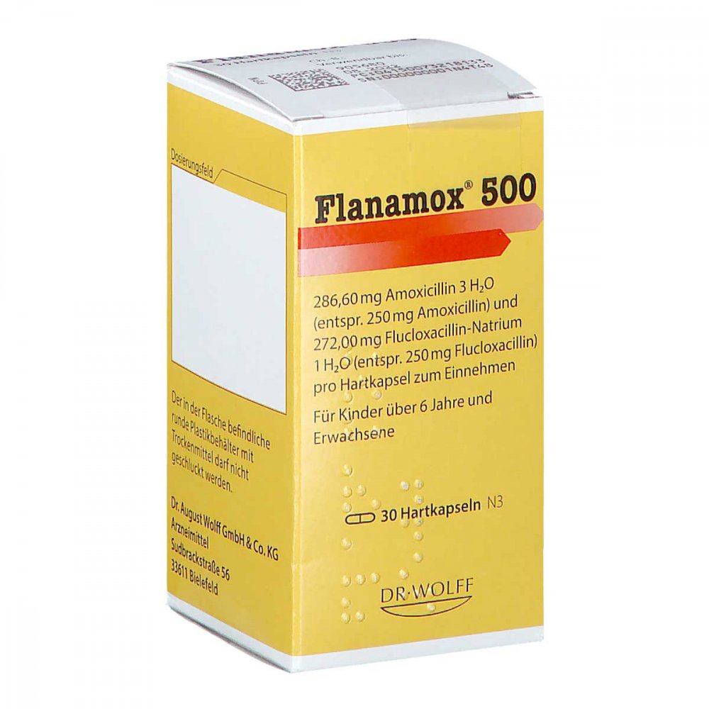 Das Produktfoto zeigt Flanamox 500 Hartkapseln (30 stk) PZN 07321813