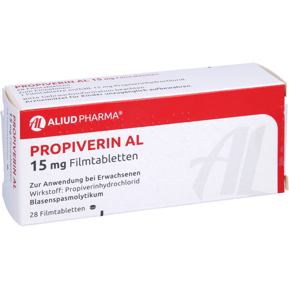 Das Produktfoto zeigt Propiverin Al 15 Mg Filmtabletten (28 stk) PZN 07333727