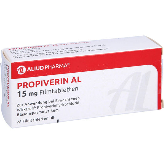 Das Produktfoto zeigt Propiverin Al 15 Mg Filmtabletten (28 stk) PZN 07333727