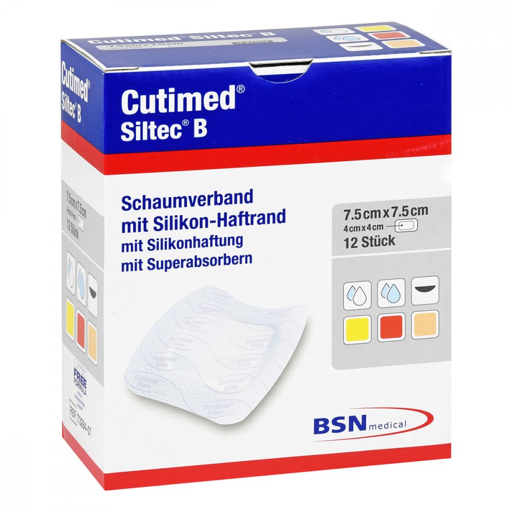 Cutimed Siltec B Schaumverb.7,5x7,5 Cm M.Haftr. (12 stk)