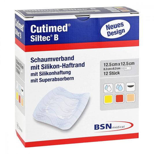 Das Produktfoto zeigt Cutimed Siltec B Schaumverb.12,5x12,5 Cm M.Haftr. (12 stk) PZN 07340791