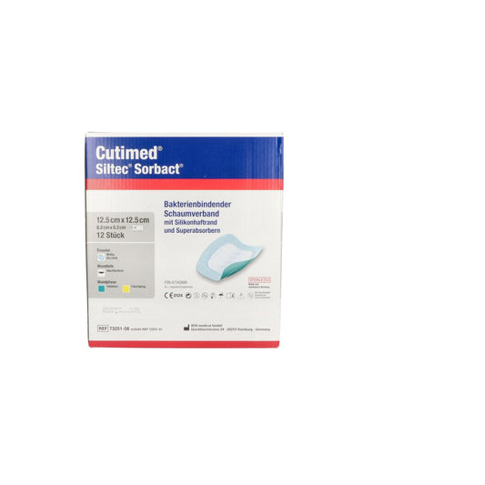 Das Produktfoto zeigt Cutimed Siltec Sorbact B Pu-Verb.12,5x12,5cm (12 stk) PZN 07342689