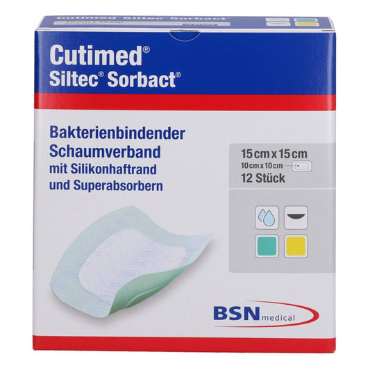 Das Produktfoto zeigt Cutimed Siltec Sorbact B Pu-Verb.15x15cm (12 stk) PZN 07343140