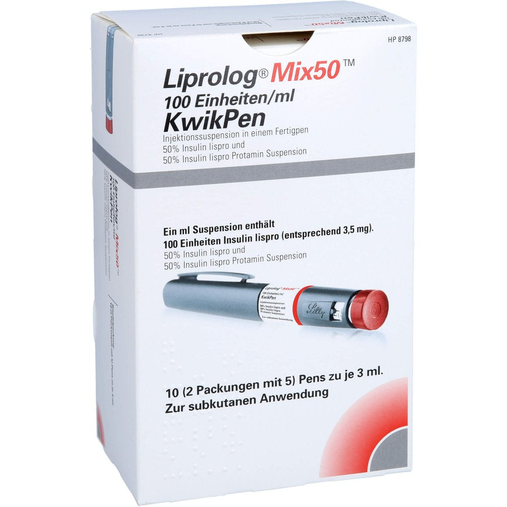 Das Produktfoto zeigt Liprolog Mix 50 100 E/Ml Kwikpen Injektionssusp. (10X3 ml) PZN 07359796