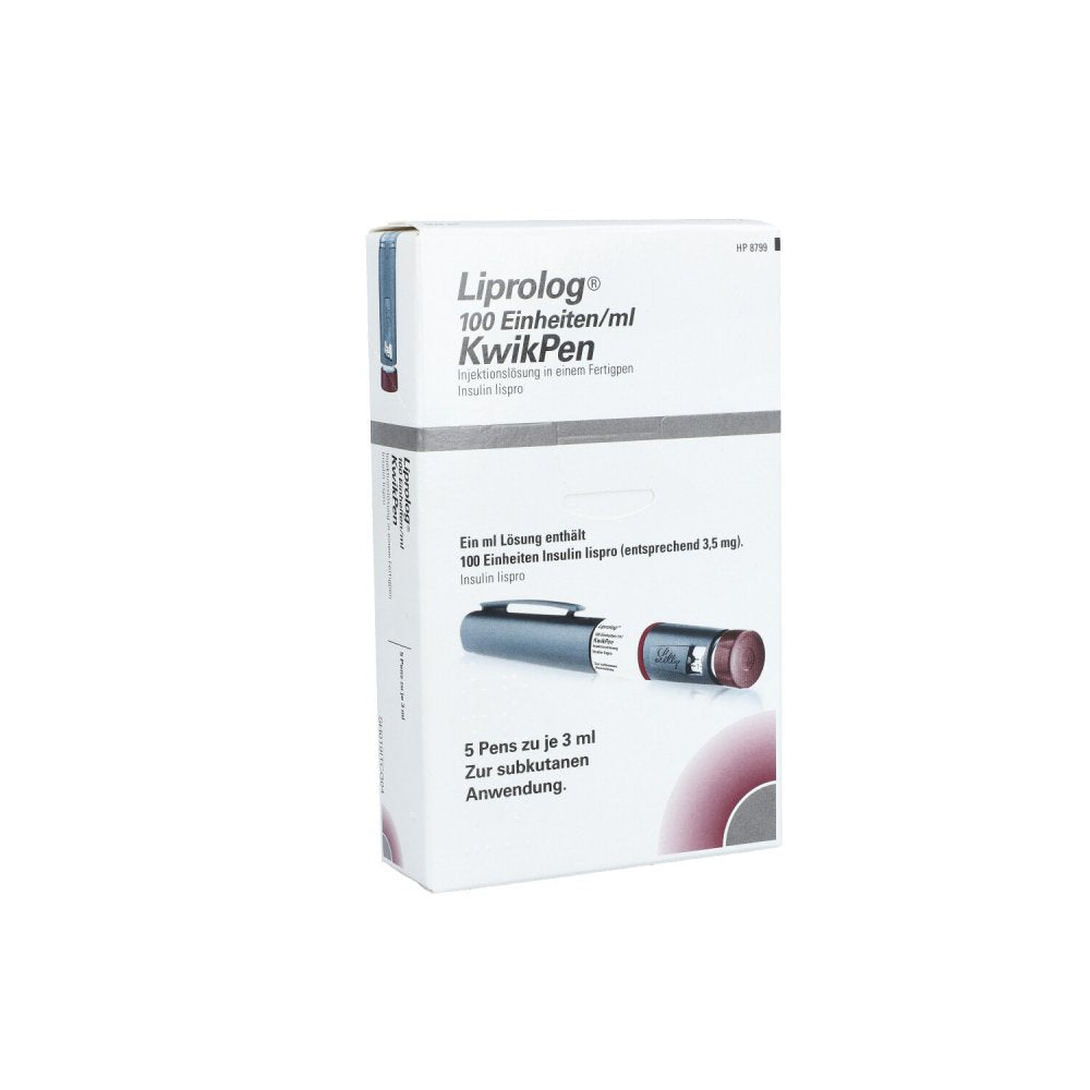 Das Produktfoto zeigt Liprolog 100 E/Ml Kwikpen Injektionslösung (5X3 ml) PZN 07359804