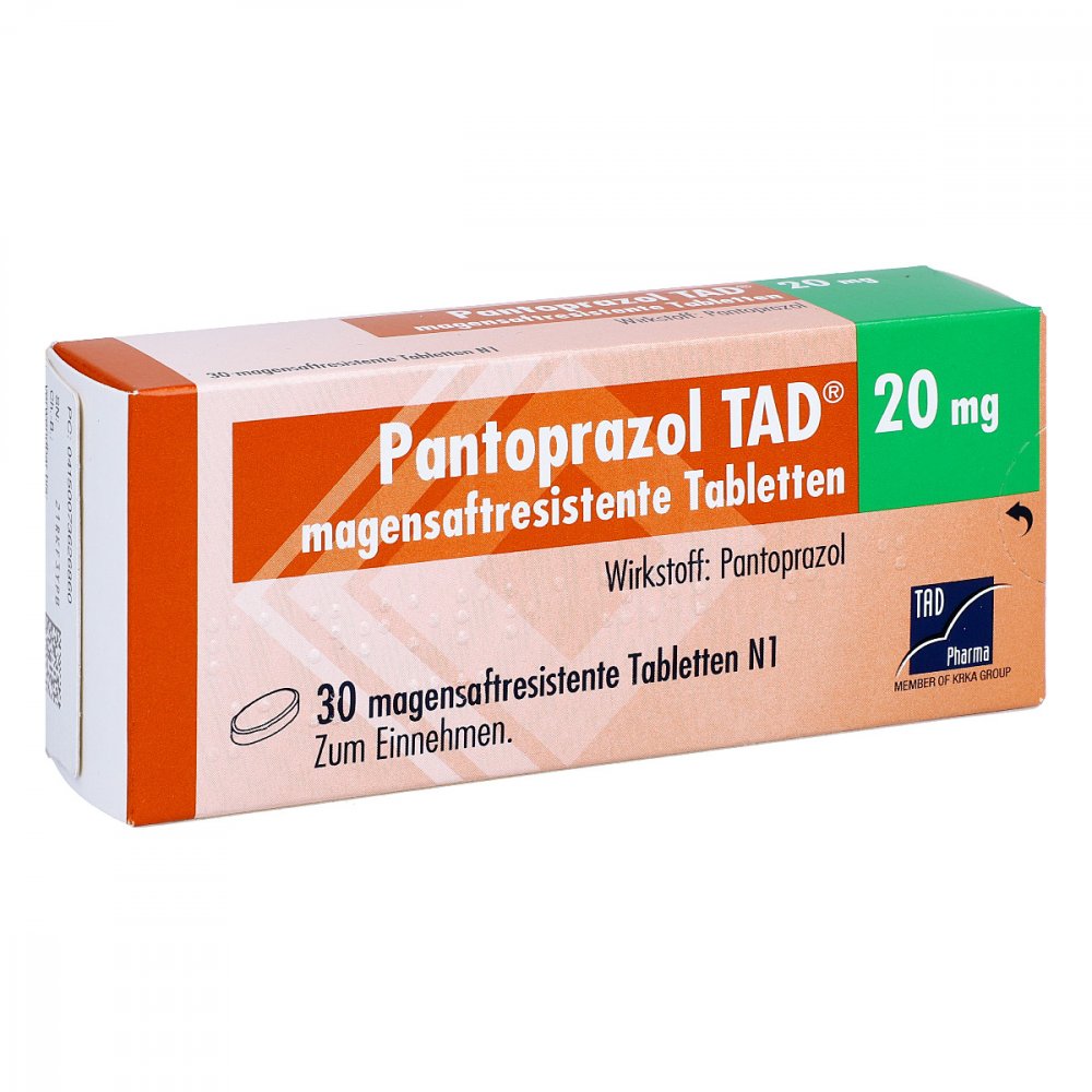 Das Produktfoto zeigt Pantoprazol Tad 20 Mg Magensaftres.Tabletten (30 stk) PZN 07362686