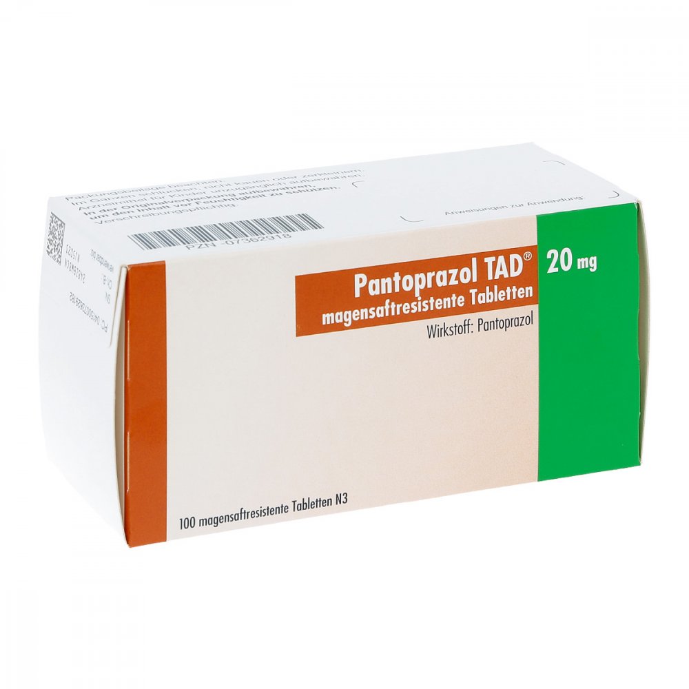 Das Produktfoto zeigt Pantoprazol Tad 20 Mg Magensaftres.Tabletten (100 stk) PZN 07362918
