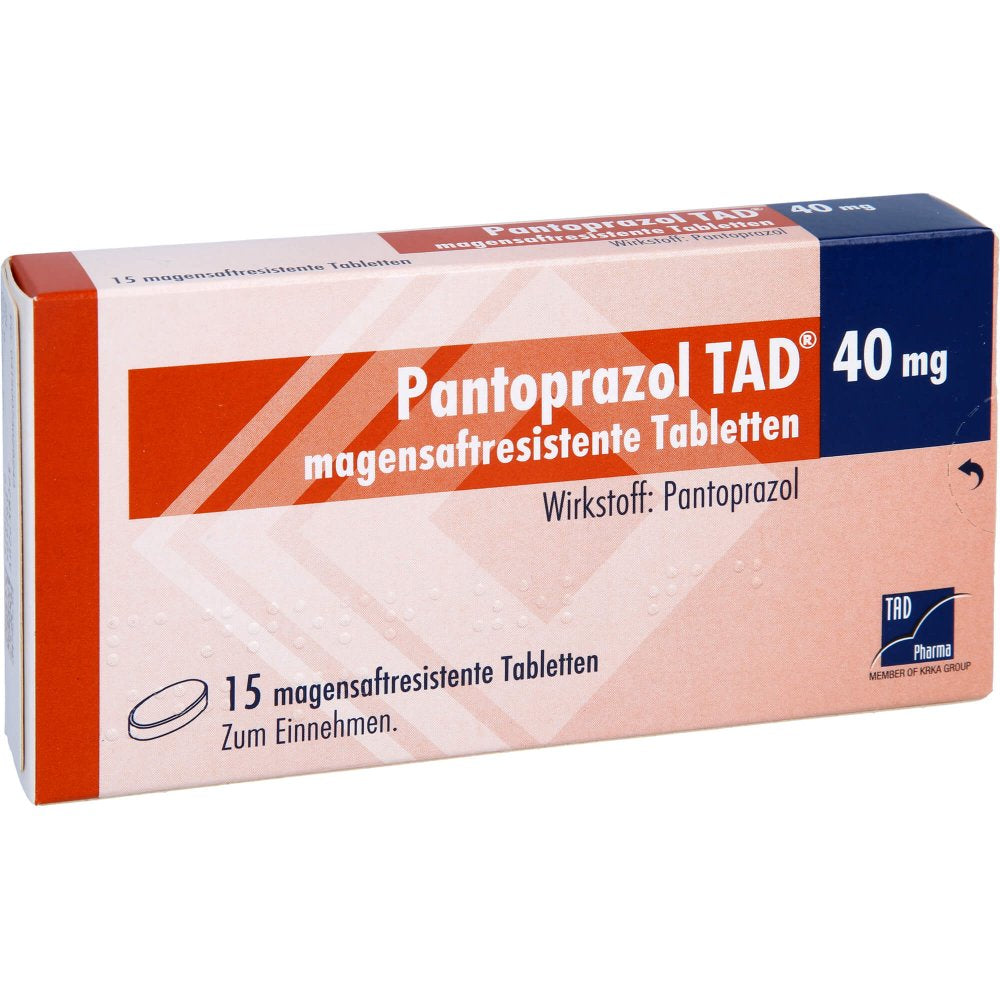 Das Produktfoto zeigt Pantoprazol Tad 40 Mg Magensaftres.Tabletten (15 stk) PZN 07362924
