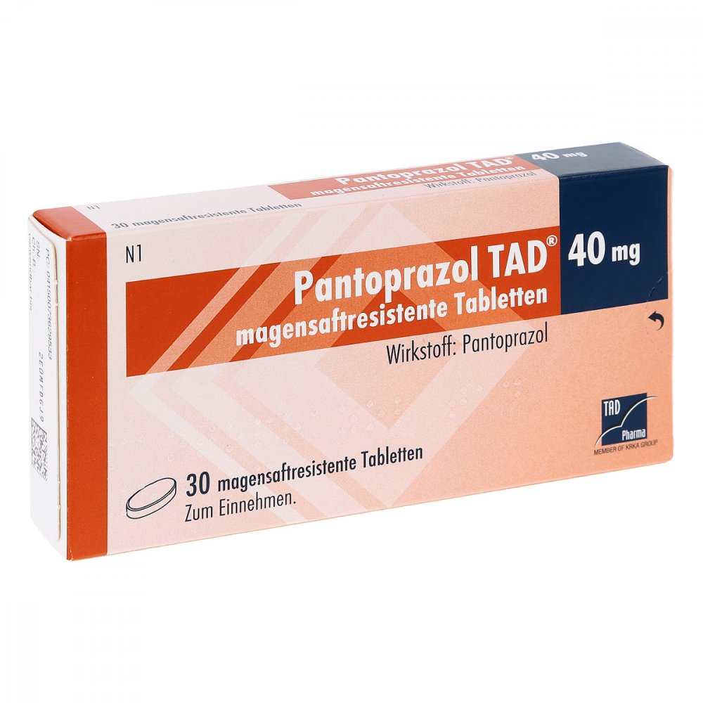 Das Produktfoto zeigt Pantoprazol Tad 40 Mg Magensaftres.Tabletten (30 stk) PZN 07362953