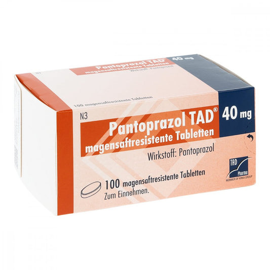 Das Produktfoto zeigt Pantoprazol Tad 40 Mg Magensaftres.Tabletten (100 stk) PZN 07363007