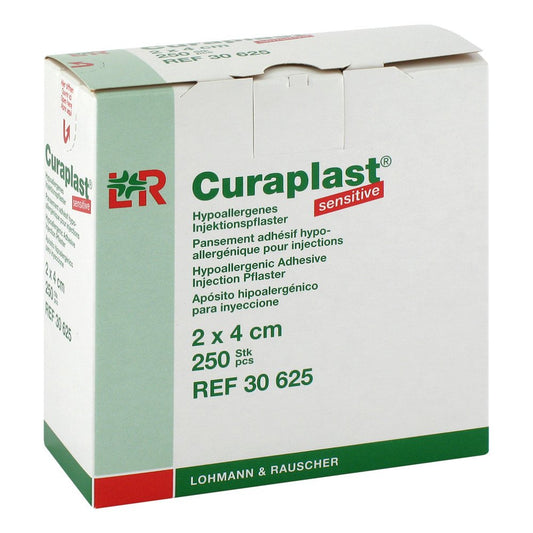 Das Produktfoto zeigt Curaplast Inj.-Pflaster Sensitiv 2x4 Cm (250 stk) PZN 07378575