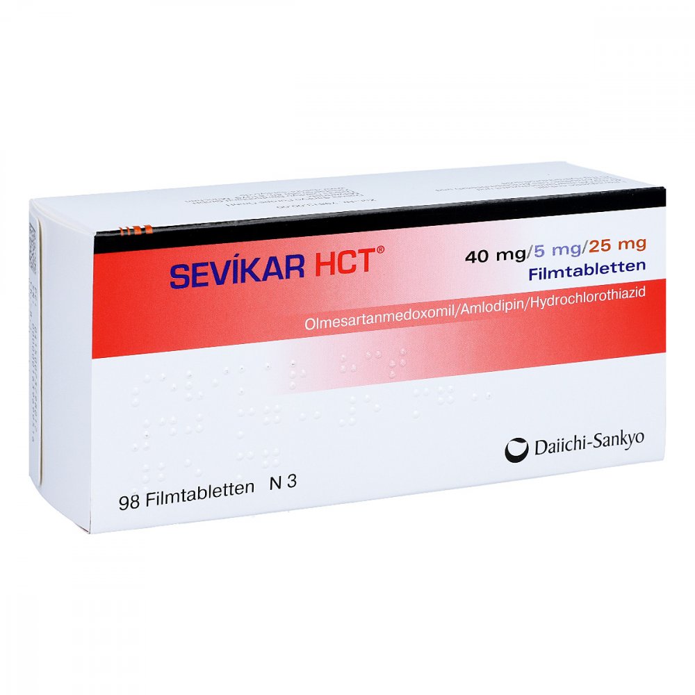 Das Produktfoto zeigt Sevikar Hct 40 Mg/5 Mg/25 Mg Filmtabletten (98 stk) PZN 07379801
